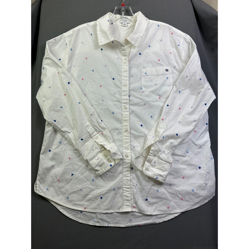 Crown & Ivy Women's White Embroidered Heart Button Down Shirt Long Sleeve Large